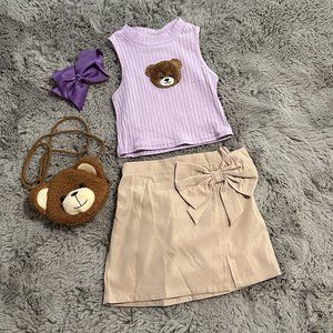 Girls Bear Purple Shirt with Tan Skirt Outfit Set 4 Piece Set New Size 5